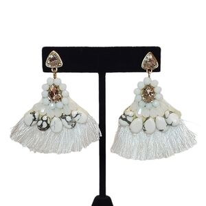 Estate Unsigned Gold-Tone White Fringe Tassel Bohemian Post Back Earrings